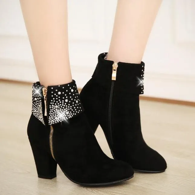 Women's rivets décor fold down ankle block heel zipper ankle boots
